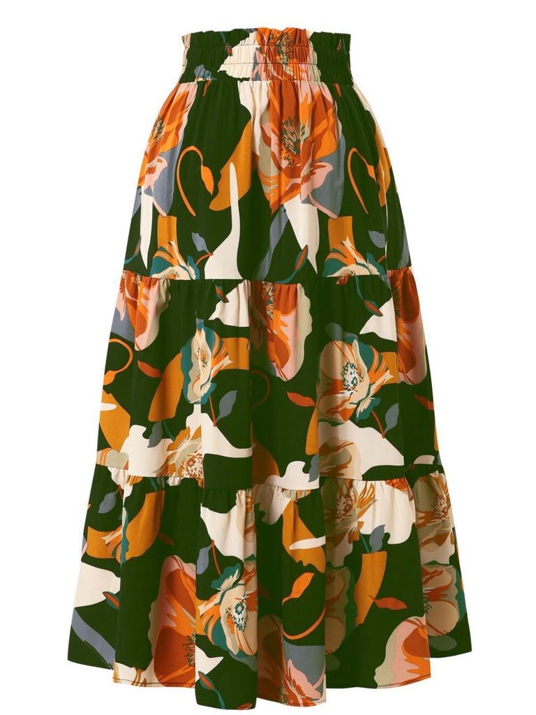 1970s Boho Floral Bow Tiered Skirt