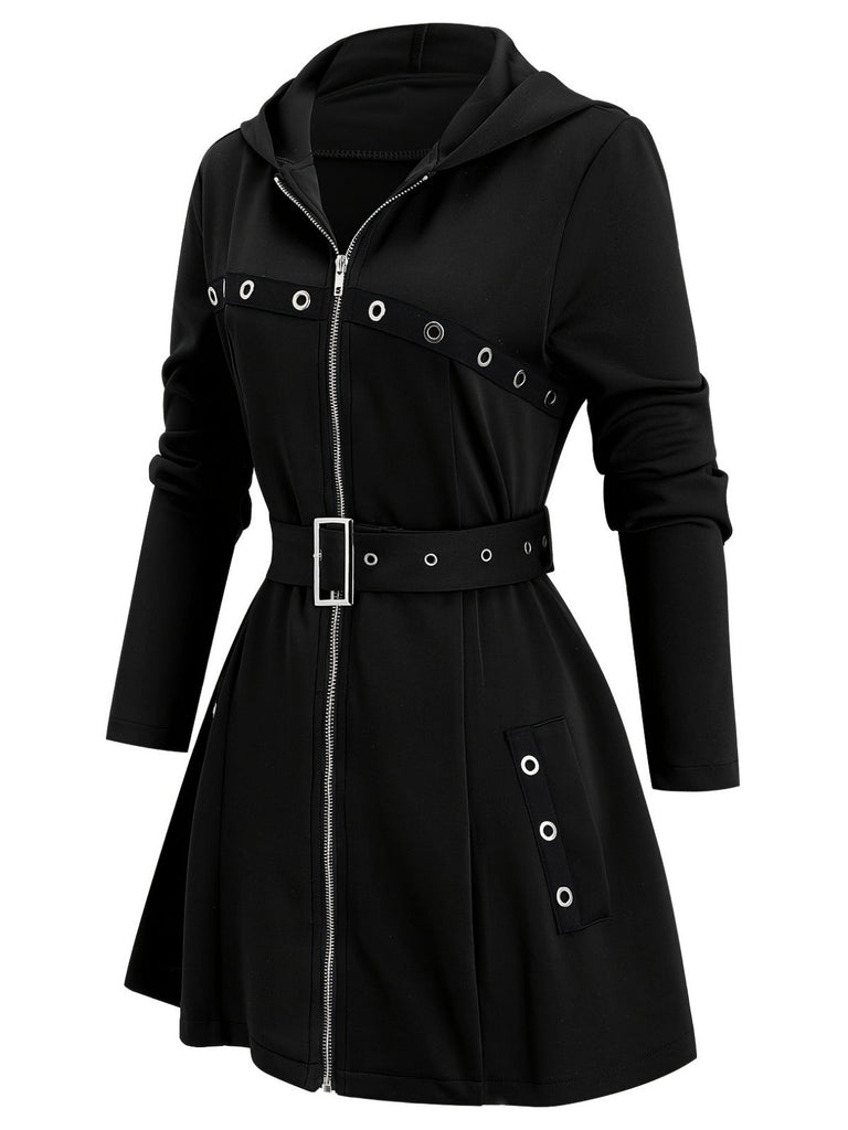 1960s Punk Hooded Zipper Belted Midi Jacket