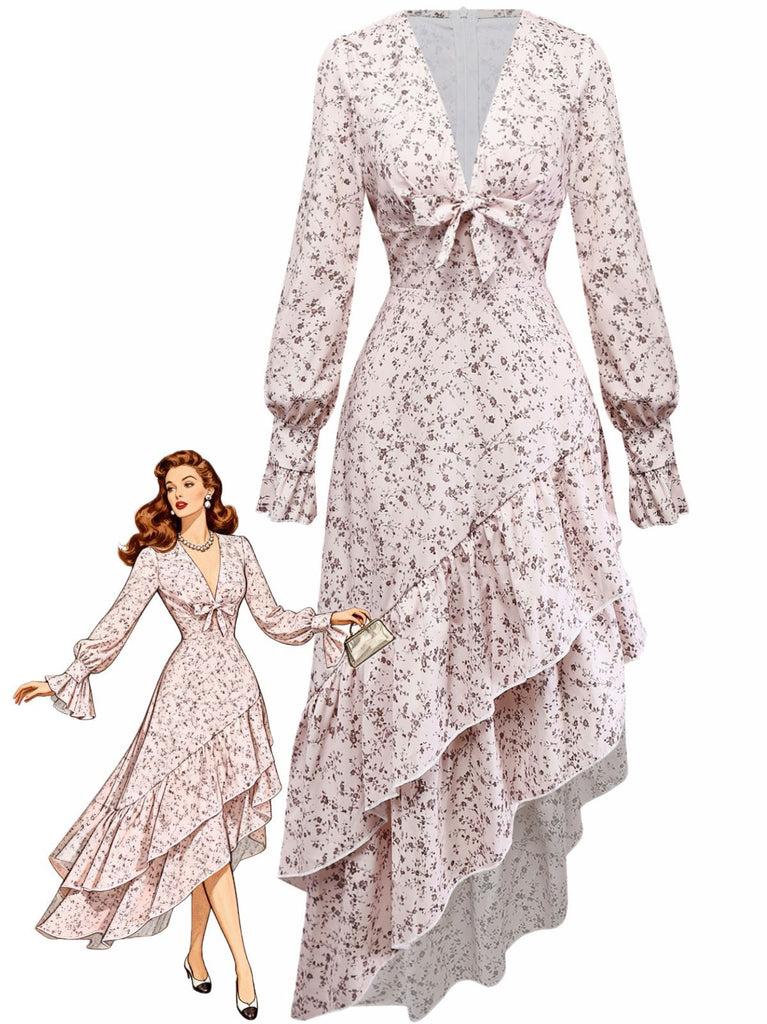 Multicolor 1940s Floral V-Neck Irregular Ruffle Hem Dress