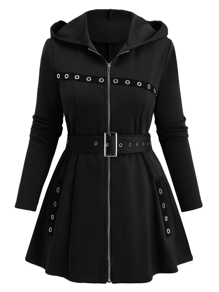 1960s Punk Hooded Zipper Belted Midi Jacket