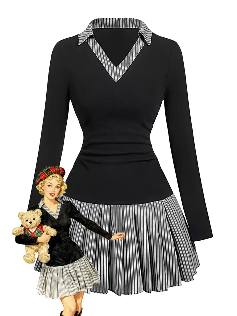 1960s V-Neck Striped Pleated Fake Two-Piece Dress