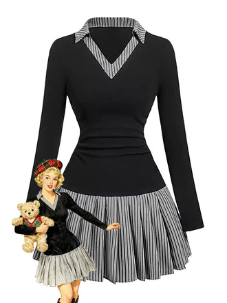 1960s V-Neck Striped Pleated Fake Two-Piece Dress