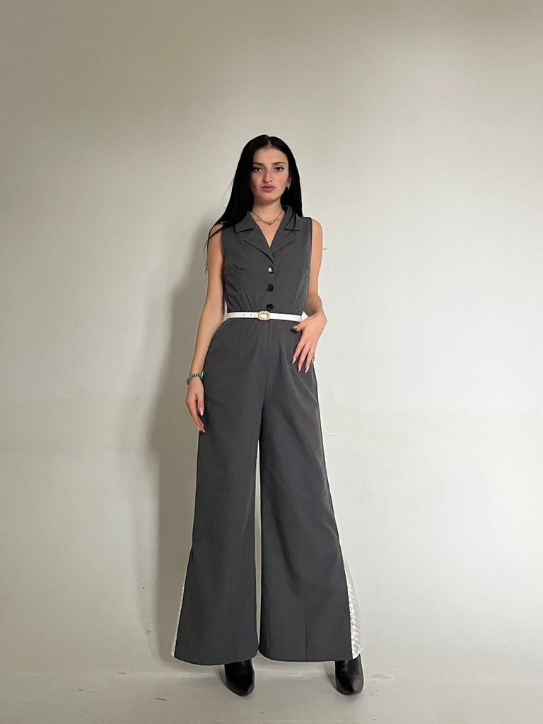 Gray 1940s V-Neck Lapel Lace-Patchwork Jumpsuit