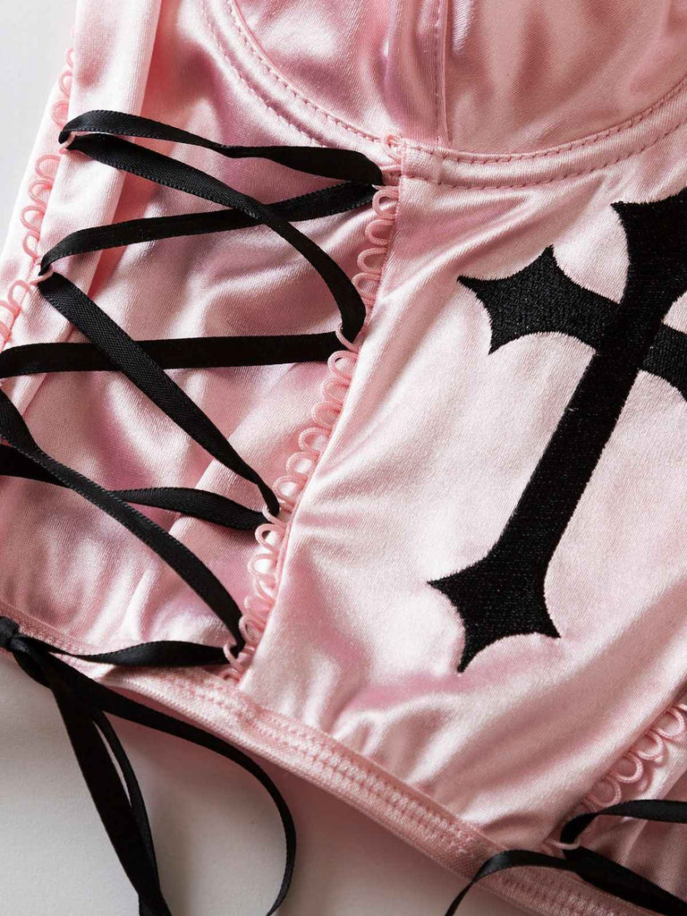 Pink 1970s Cross Gothic Satin Lace-Up Camisole