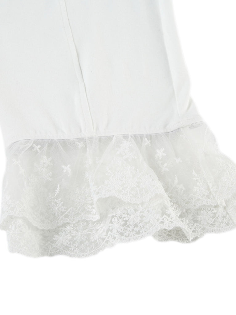 White 1950s Ruffled Lace Hem Cropped Pants