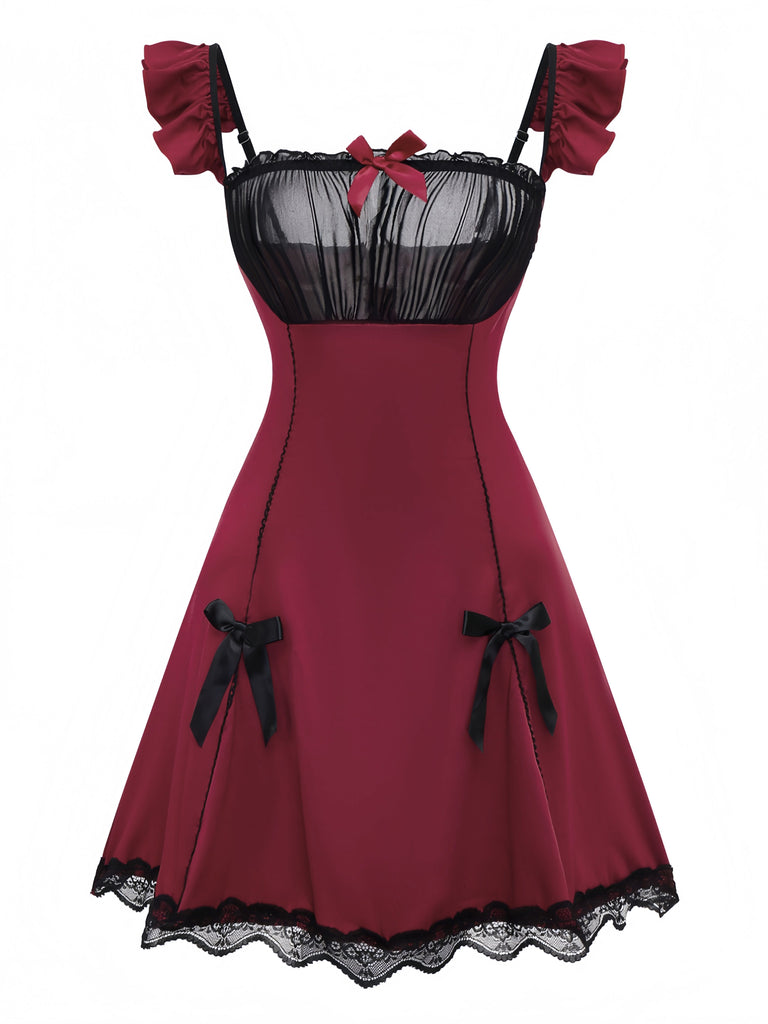 Red 1960s Bow Lace Patchwork Ruffled Nightgown