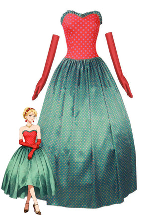 Green 1930s Grinch Martha Cosplay Polka Dot Strapless Dress
