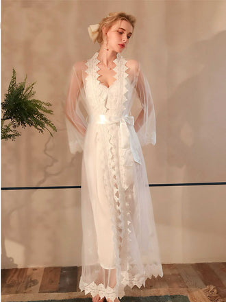 White 1930s Sheer Mesh Lace Nightdress Set