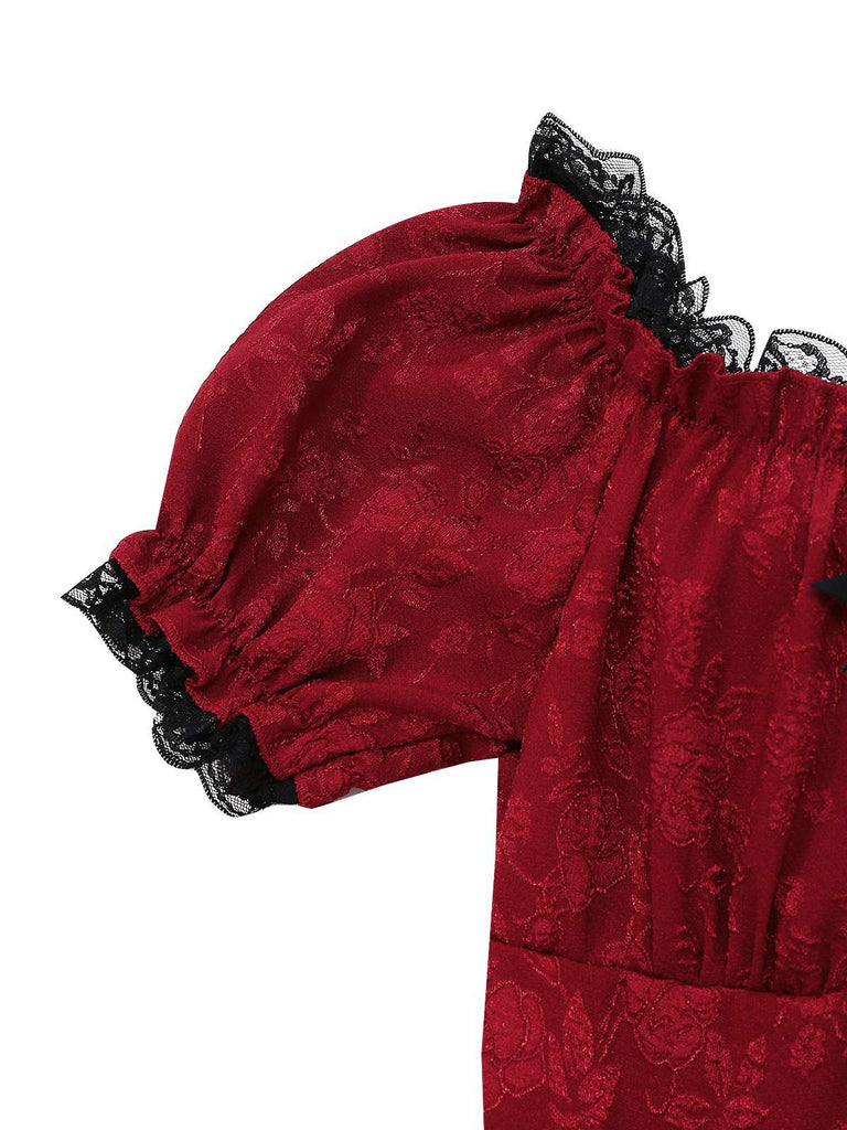 Red 1970s Gothic Lace Bow Off Shoulder Dress