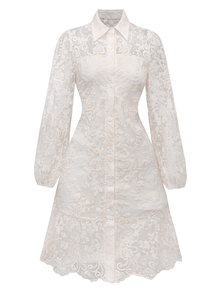 White 1960s Solid Pure Cotton Lace Dress