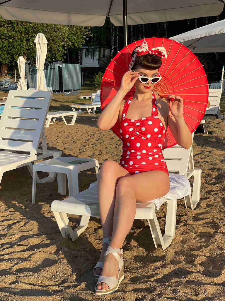 1950s Halter Polka Dot One-Piece Swimsuit