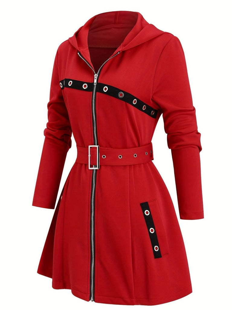 1960s Punk Hooded Zipper Belted Midi Jacket