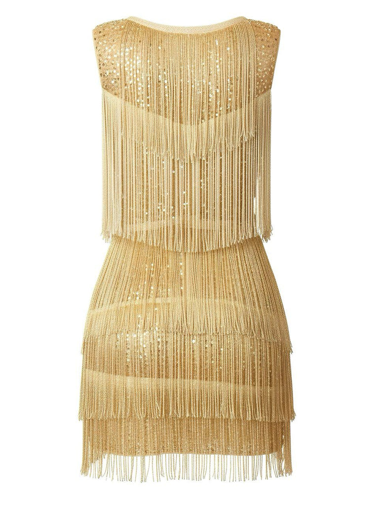 Gold 1920s Fringe Sequin V-neck Mini Dress