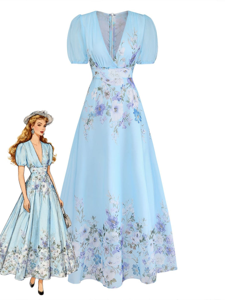 Light Blue 1950s Watercolor Floral Puff Sleeve Maxi Dress