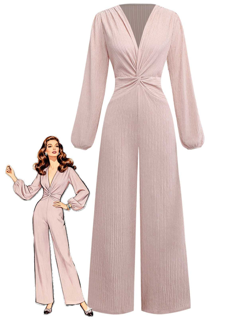 1970s V-Neck Solid Twist Long Sleeve Jumpsuit