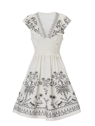 White 1970s V-Neck Floral Boho Ruffles Dress