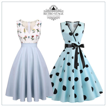 2PCS Blue 1950s Embroidery Pockets Dress & Bow Polka Dot Dress