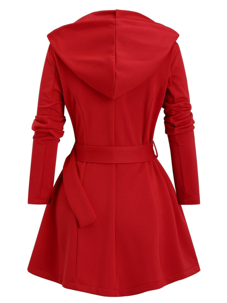 1960s Punk Hooded Zipper Belted Midi Jacket