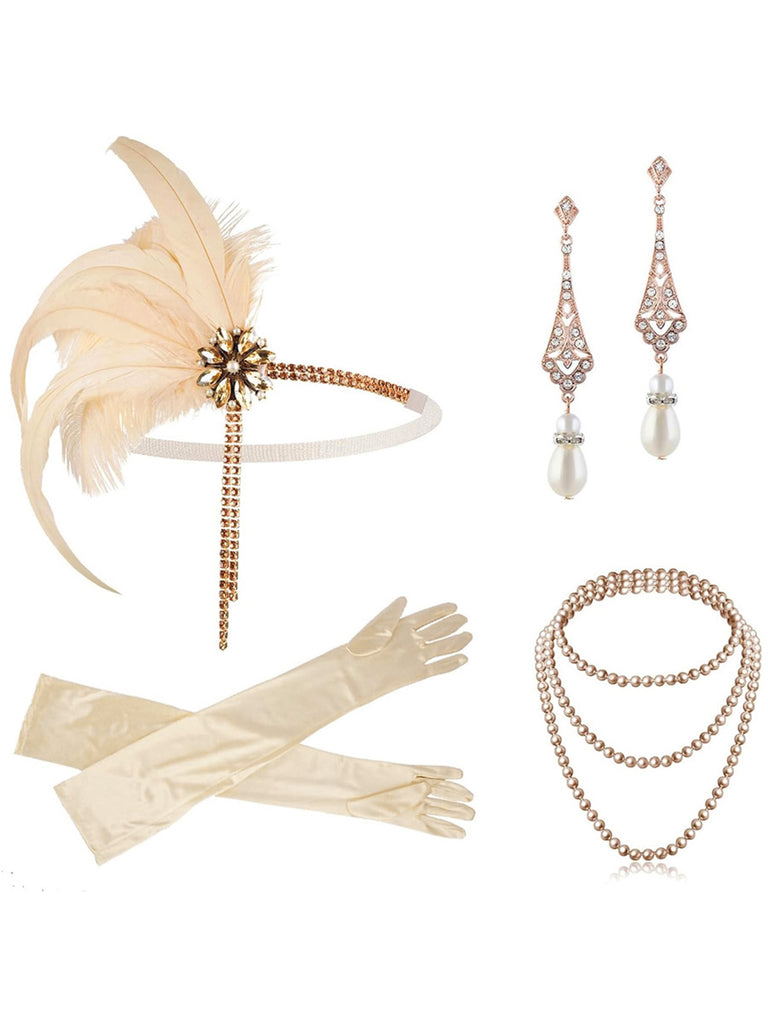 4PCS 1920s Feather Headband Gloves Accessories Set - vintage fashion, retro style