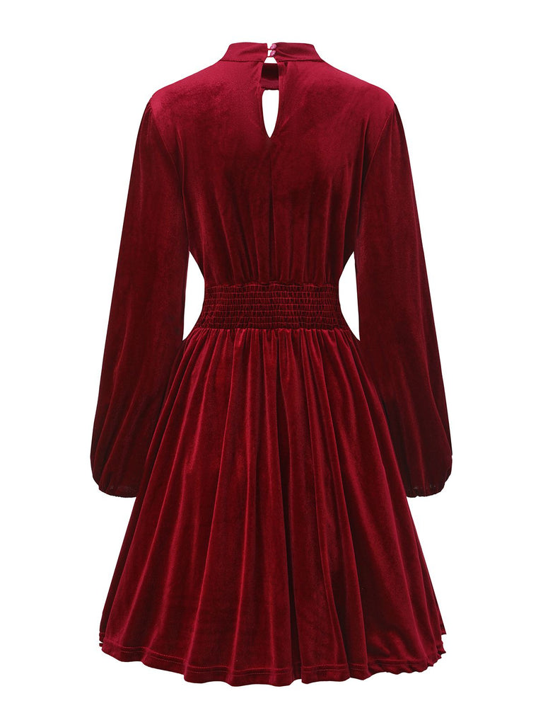 1940s Velvet Cutout Pleated Lantern Sleeve Dress
