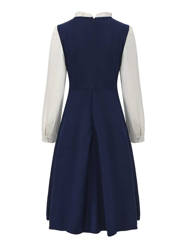 Navy Blue 1980s Ruffle Collar Heart Buttons Dress