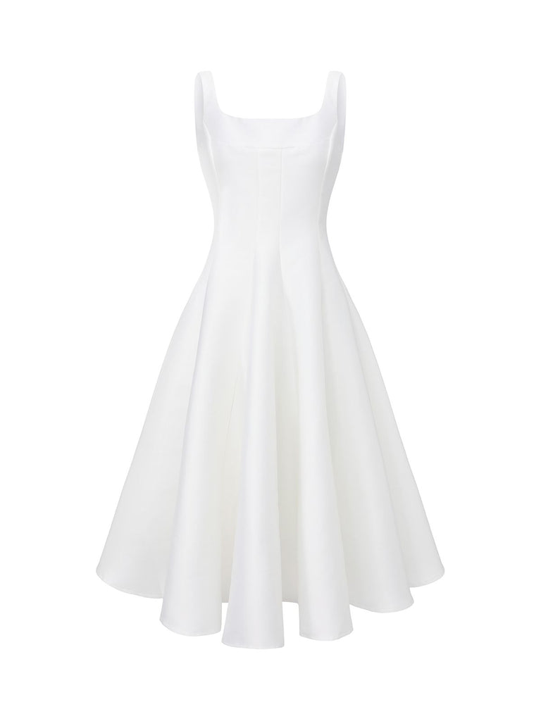 White 1950s Solid Wide Strap Evening Dress