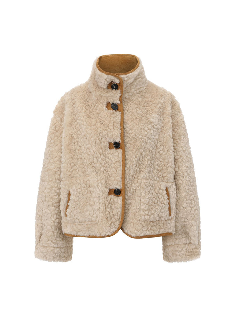 Beige 1980s Fuzzy Reversible Buttoned Coat