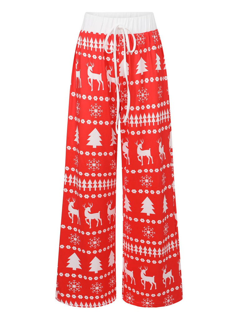 Red 1930s Christmas Tree Reindeer Pants