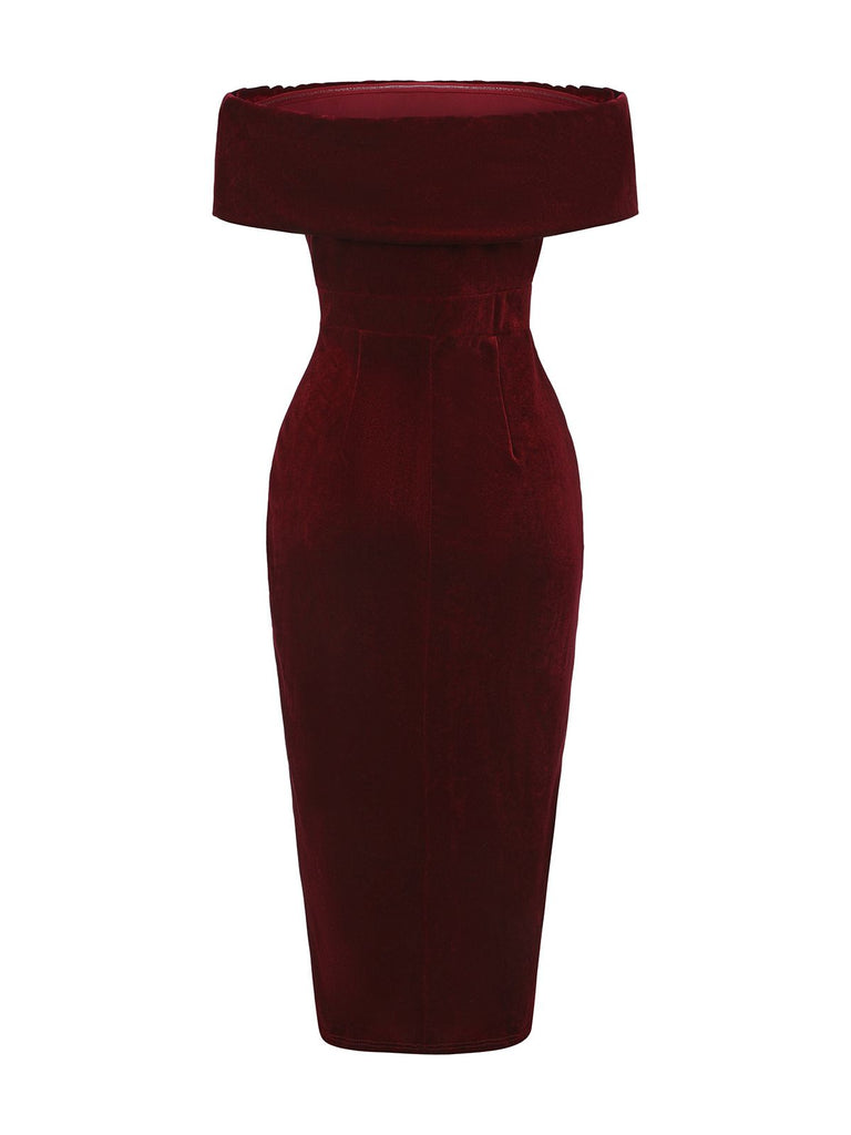 1980s Solid Velvet Off-Shoulder Midi Dress