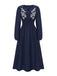 Navy Blue 1970s Floral Embroidered Maxi Dress