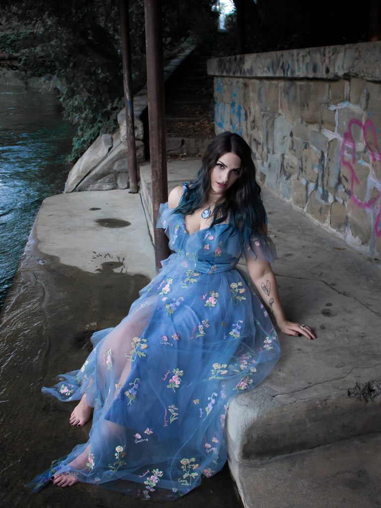 1970s Slip Floral Embroidered Mesh Slit Dress