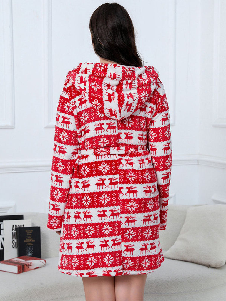 [Plus Size] 1950s Winter Print Plush Hooded Robe