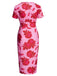 Pink 1960s V-Neck Floral Tie Split Dress