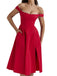 Red 1950s Solid Off-Shoulder Slit Fishbone Dress