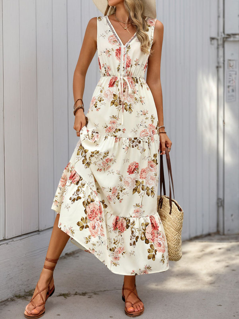 1970s V-Neck Boho Roses Tiered Dress