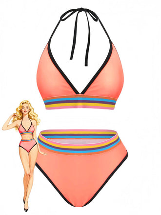 Pink 1940s Rainbow Striped Triangle Bikini Set