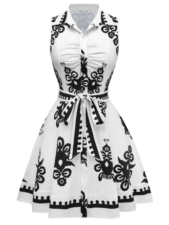 White 1950s Shirt Neck Sleeveless Belted Dress