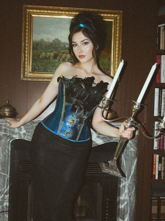 Teal 1930s Peacock Feather Embroidered Corset