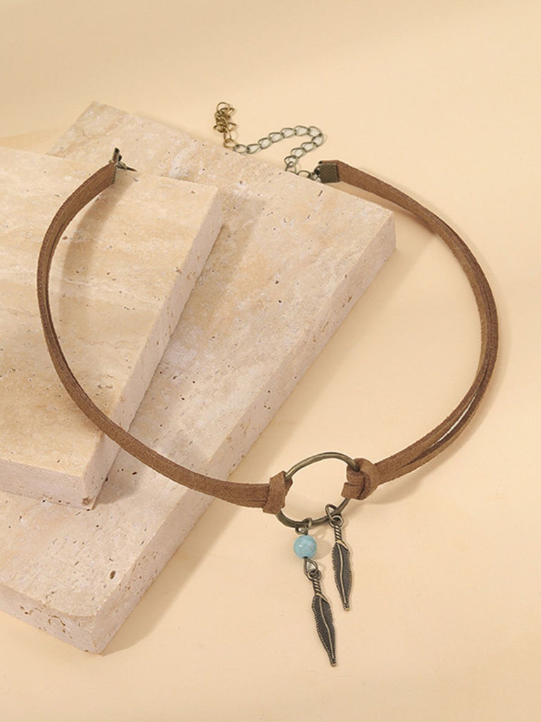 Leather Choker & Feather Dreamcatcher Tassel Earrings Set