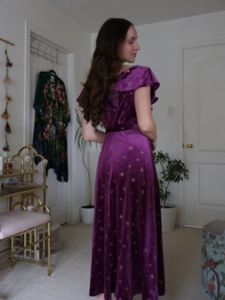 Purple 1940s Velvet V-Neck Star Ruffle Dress