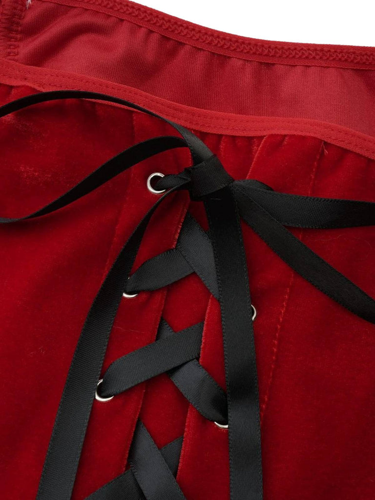 Red 1970s Christmas Plush Lace-Up Strapless Santa Dress