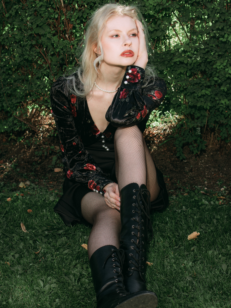Black 1930s Rose Velvet Fishtail Dress