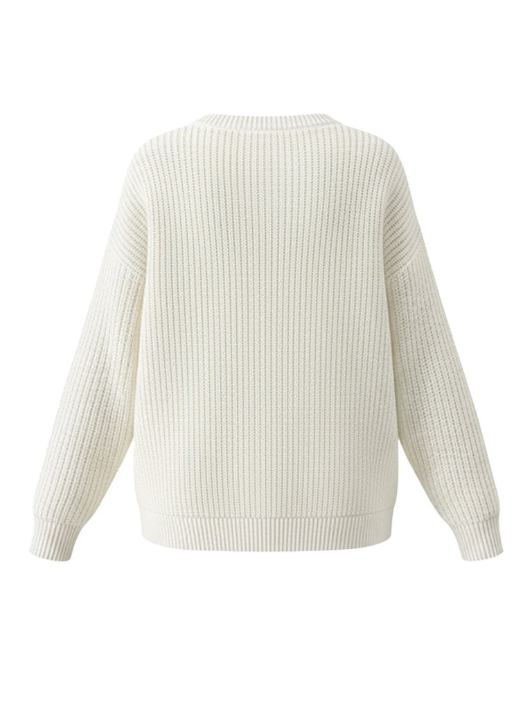 White 1980s Christmas Plaid Bow Round Neck Sweater