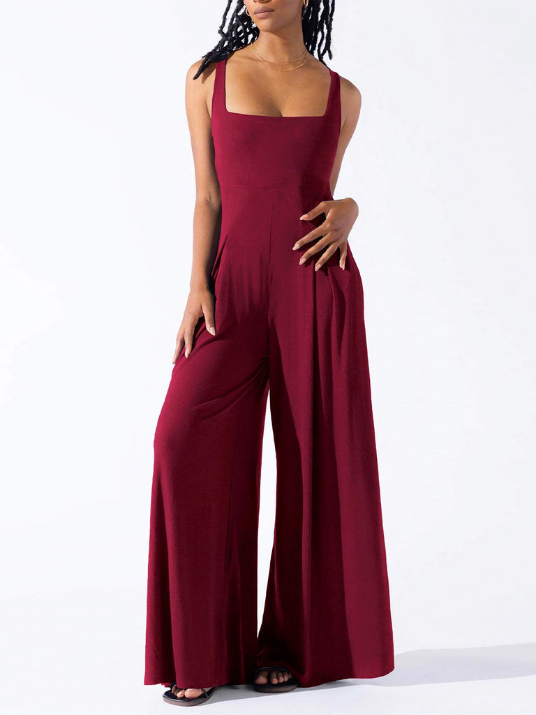 1950s Solid Square Neck Wide Strap Jumpsuit