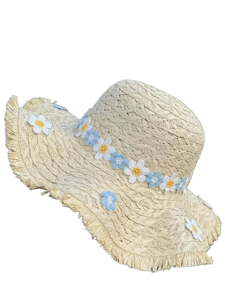 Vintage 3D Daisy Raffia Fringe Brim Sun Hat
