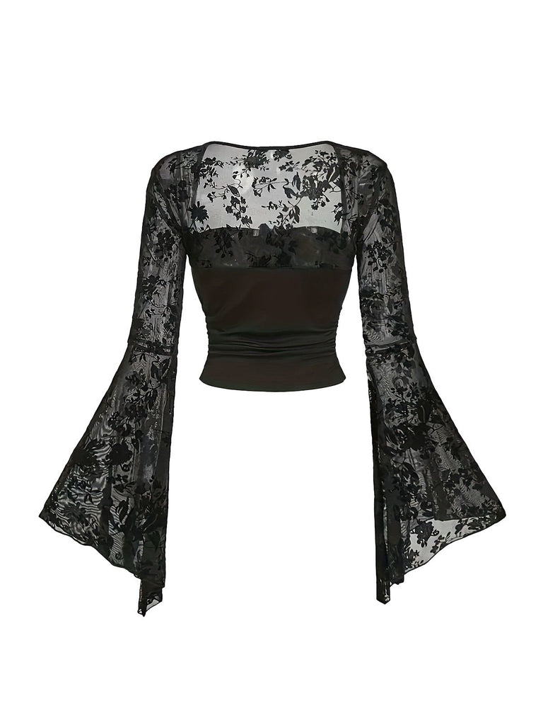 1980s Gothic Lace Mesh Bell Sleeve Top