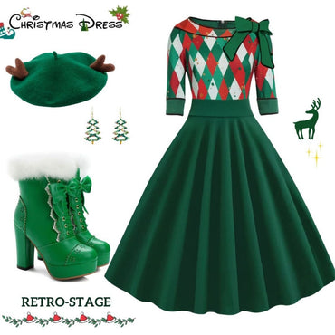 Green 1950s Christmas Plaid Patchwork Dress