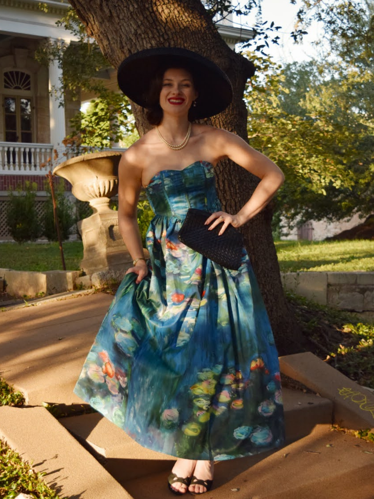 Blue 1950s Water Lily Sweetheart Strapless Dress
