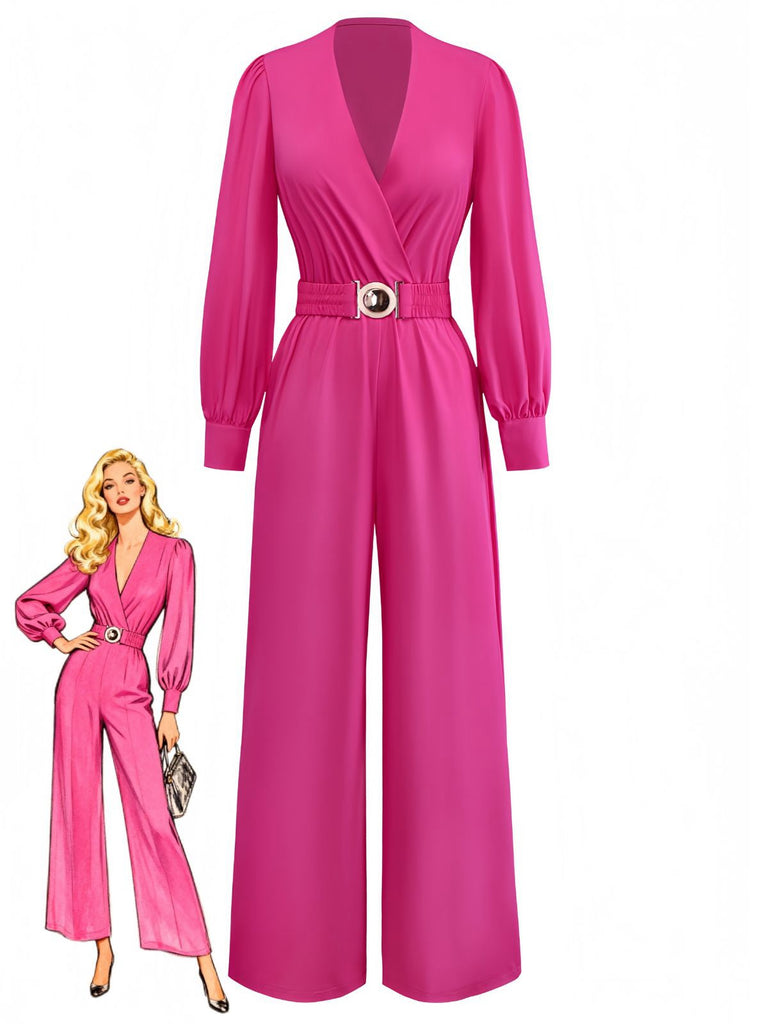 Rose Pink 1960s Deep V Belted Lantern Sleeve Solid Jumpsuit