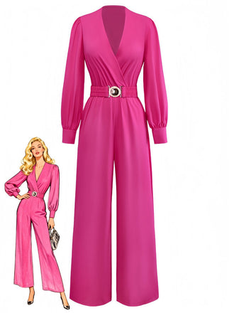 Rose Pink 1960s Deep V Belted Lantern Sleeve Solid Jumpsuit